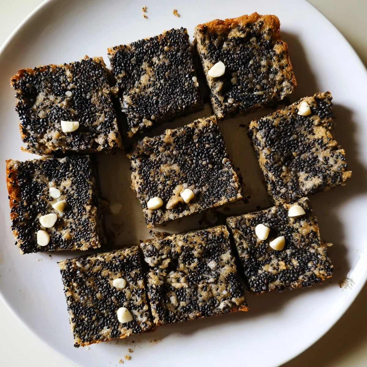 Warmly golden squares of Black Sesame Blondies topped with toasted sesame seeds and white chocolate chips on a rustic wooden surface.