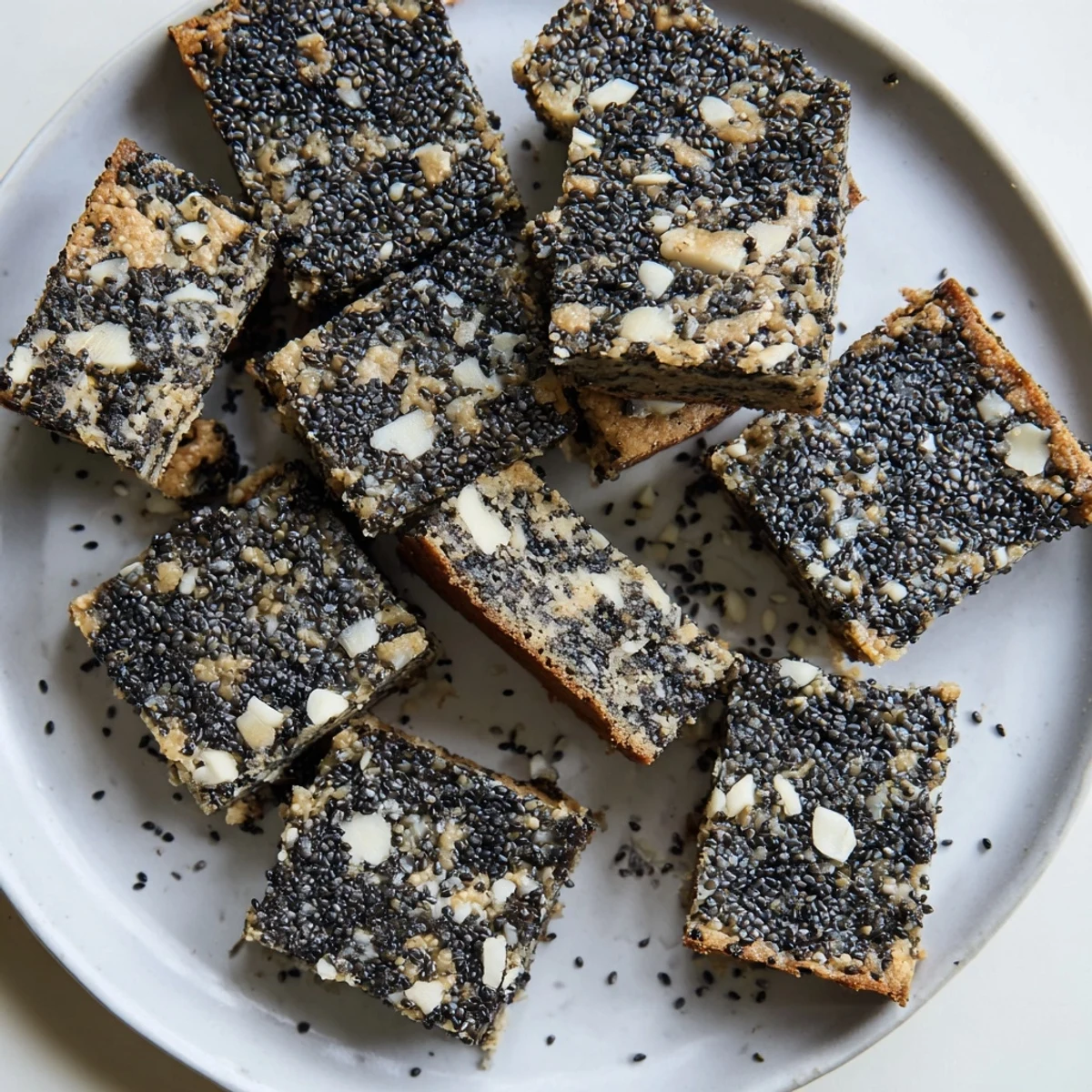 Black Sesame Blondies sit on a white marble board, cut into neat squares showing a chewy texture and rich, nutty aroma.