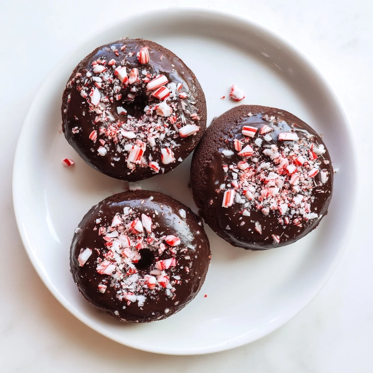 Freshly baked Chocolate Peppermint Mochi Donuts sit on a cooling rack with a glossy chocolate glaze and crushed candy cane pieces.