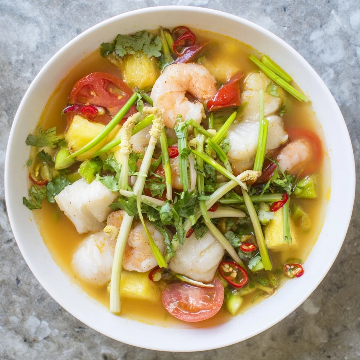A steaming bowl of Canh Chua Vietnamese soup features tender white fish chunks and vibrant pineapple pieces swimming in a golden broth.