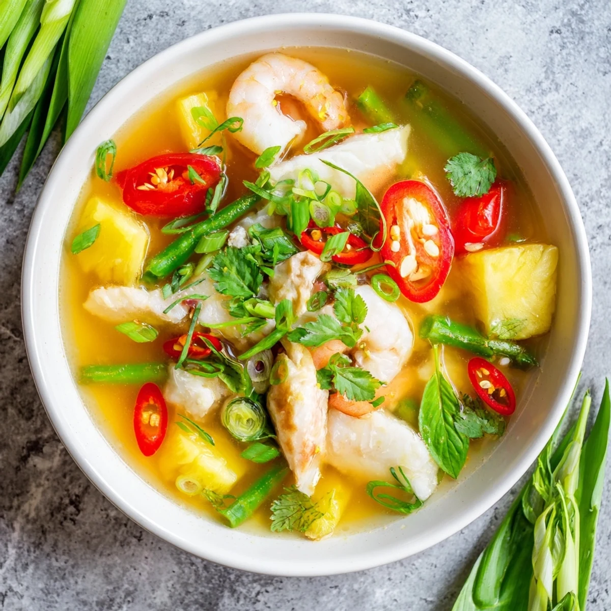 Colorful vegetables like celery and tomato float in Canh Chua, garnished with fresh green herbs and a spoon ready to serve.