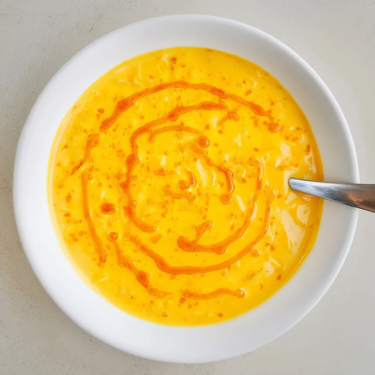 Spoon lifting rich Snappy Cheddar Sauce from a skillet, served over a baked potato for dinner.