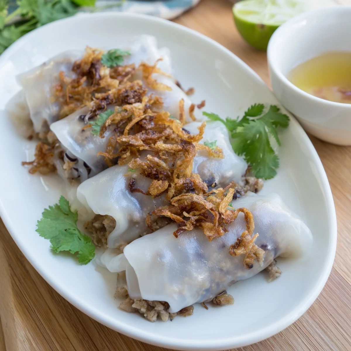 A close-up view of Banh Cuon, revealing silky rice wrappers and a filling of ground pork and mushrooms.