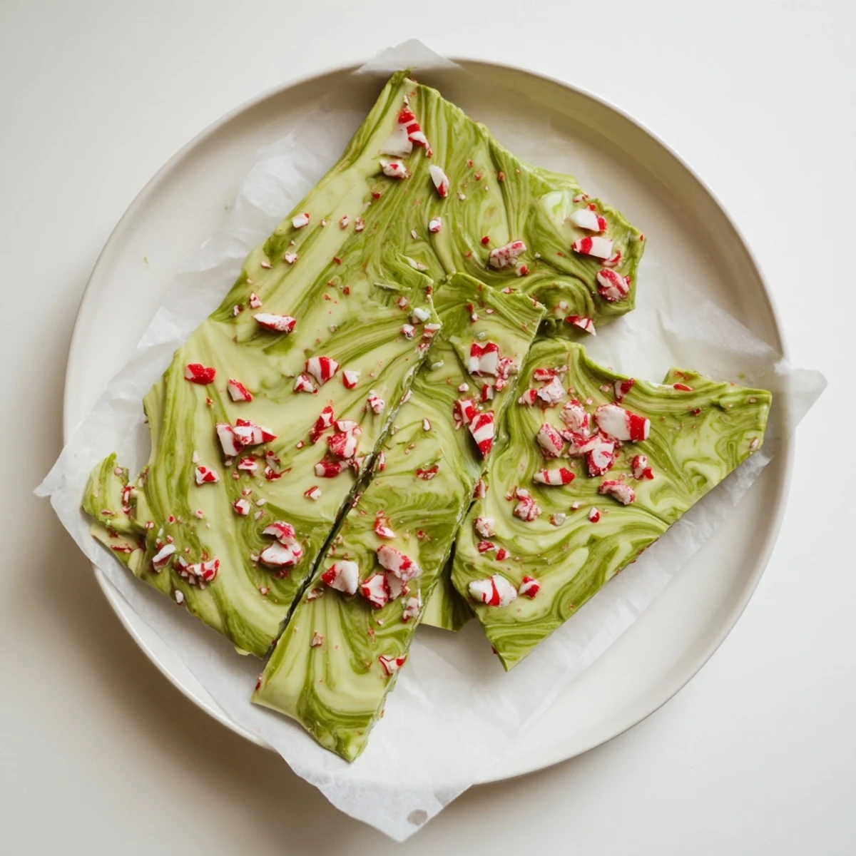 A close-up of creamy Matcha Peppermint Bark with swirled matcha and peppermint layers on a baking sheet.