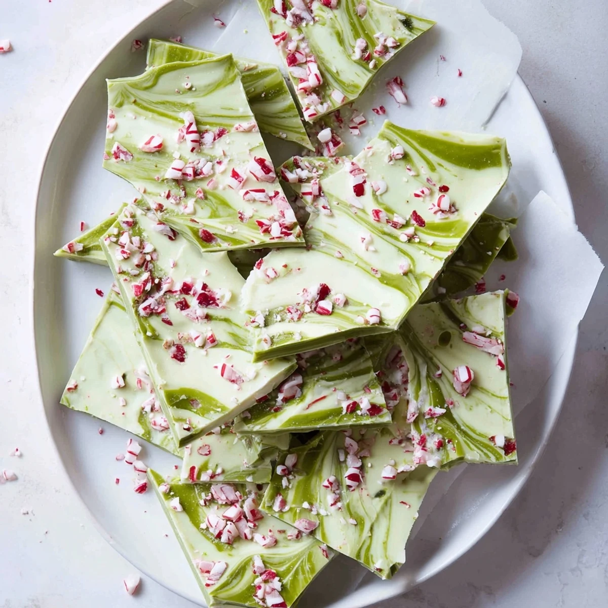 Vibrant green and white marbled Matcha Peppermint Bark pieces sprinkled with crushed candy canes on a festive table.