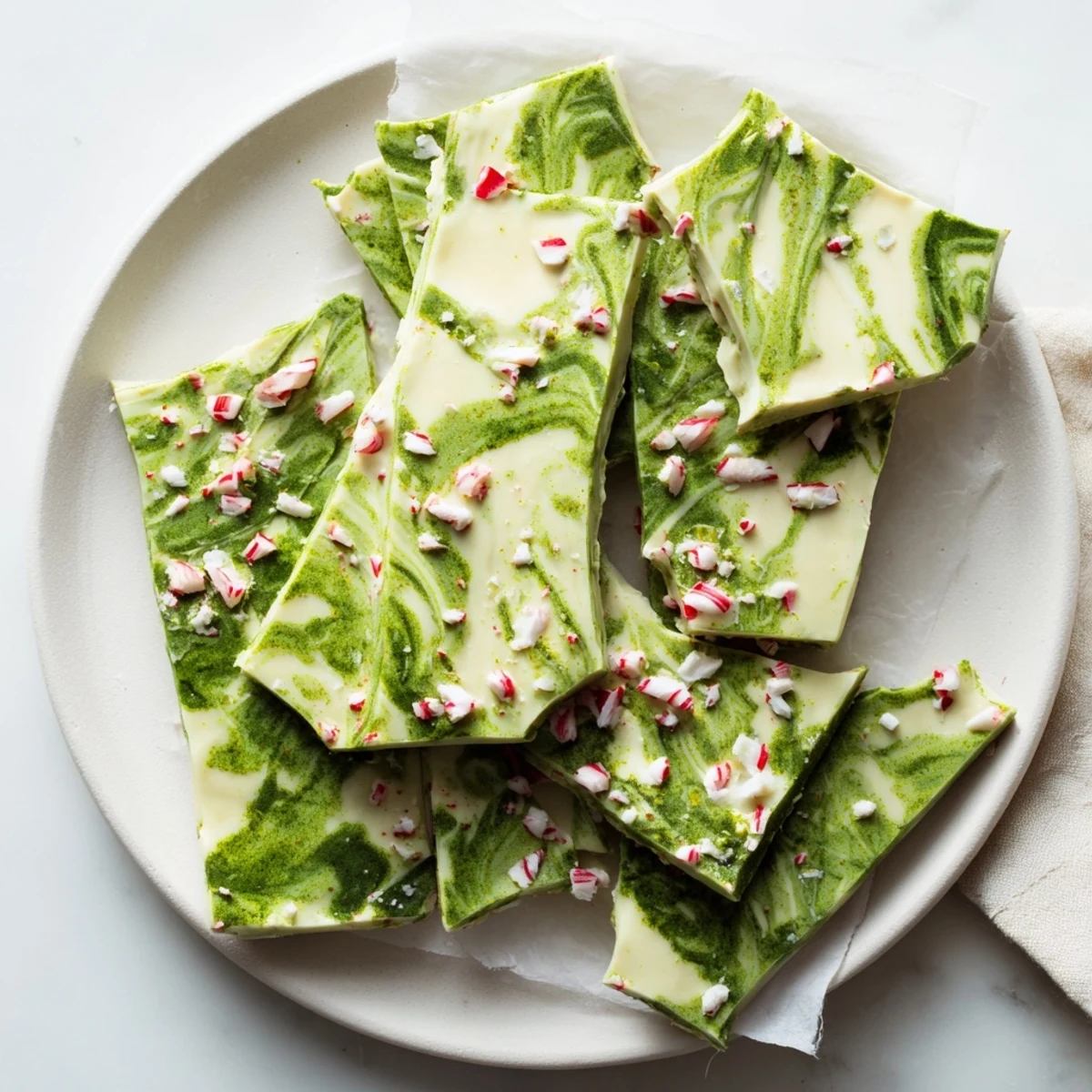 Delicious homemade Matcha Peppermint Bark displayed on a ceramic plate, perfect for holiday gifting or snacking.