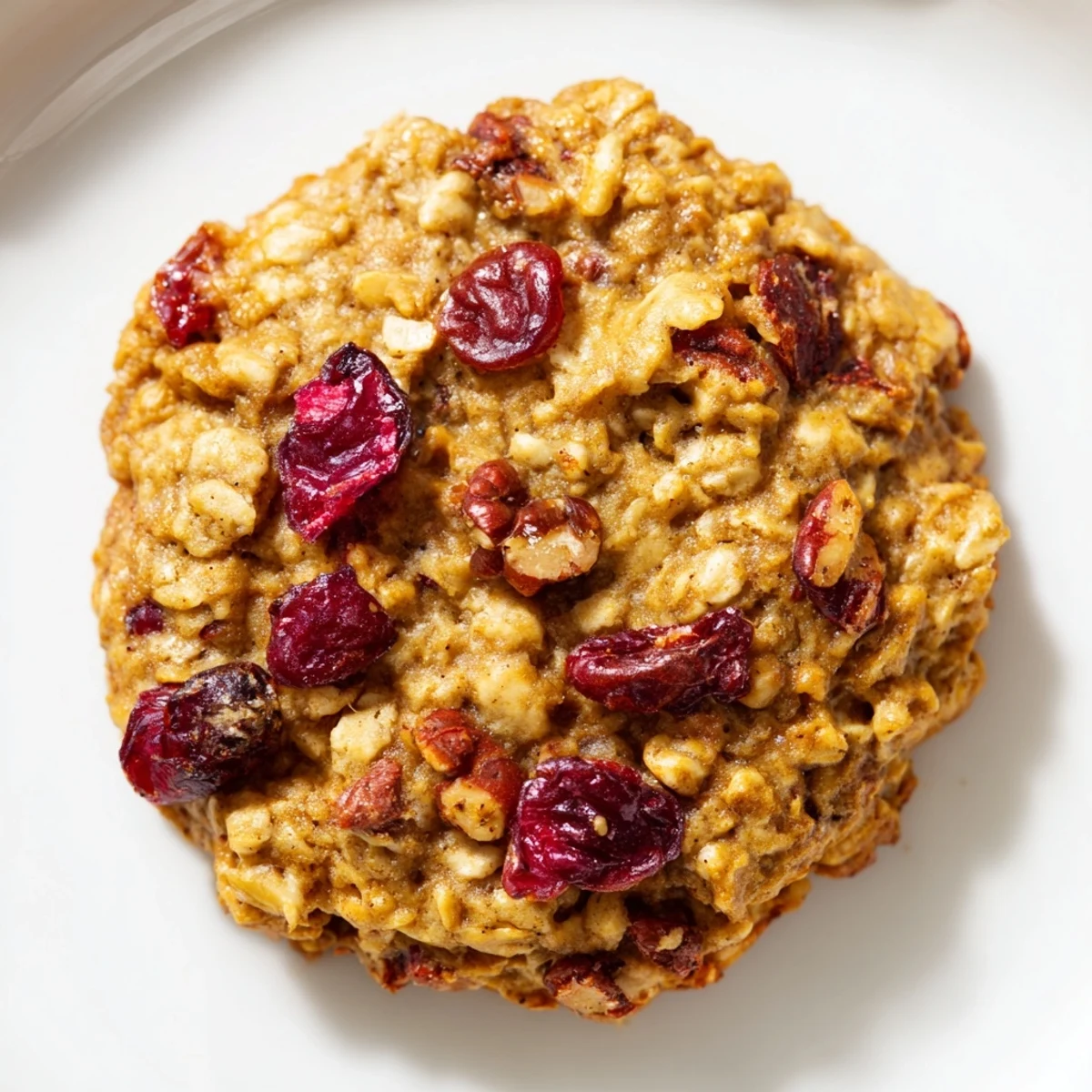 A stack of golden Chai Oatmeal Craisin Cookies highlights their hearty texture, studded with red dried cranberries and fragrant spices.