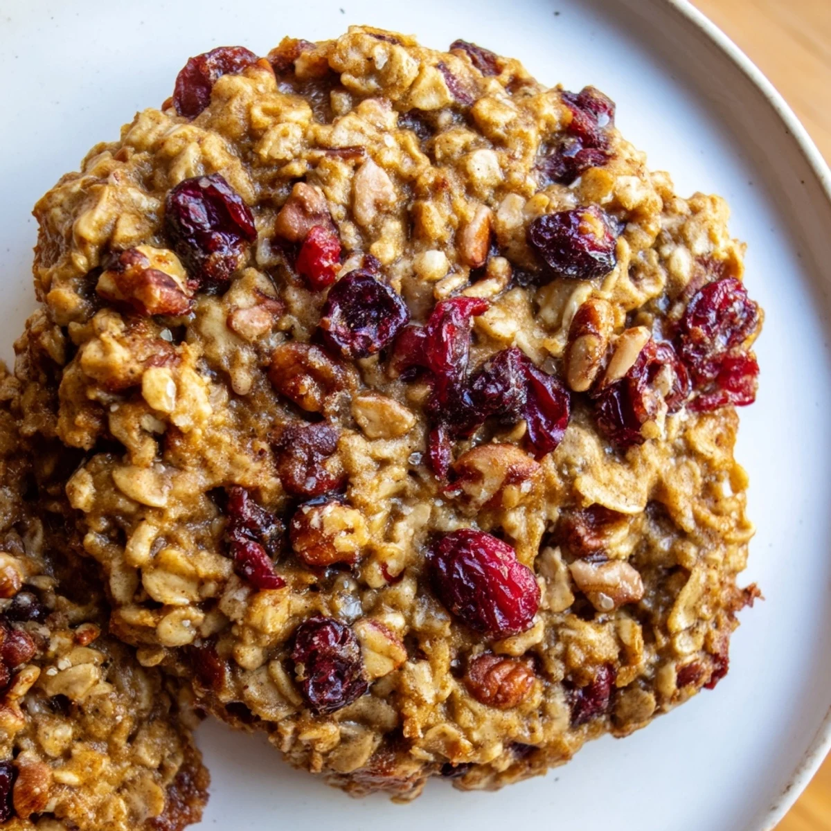 Close-up of a Chai Oatmeal Craisin Cookie broken open, revealing soft oats and tart craisins inside, served on a rustic plate.