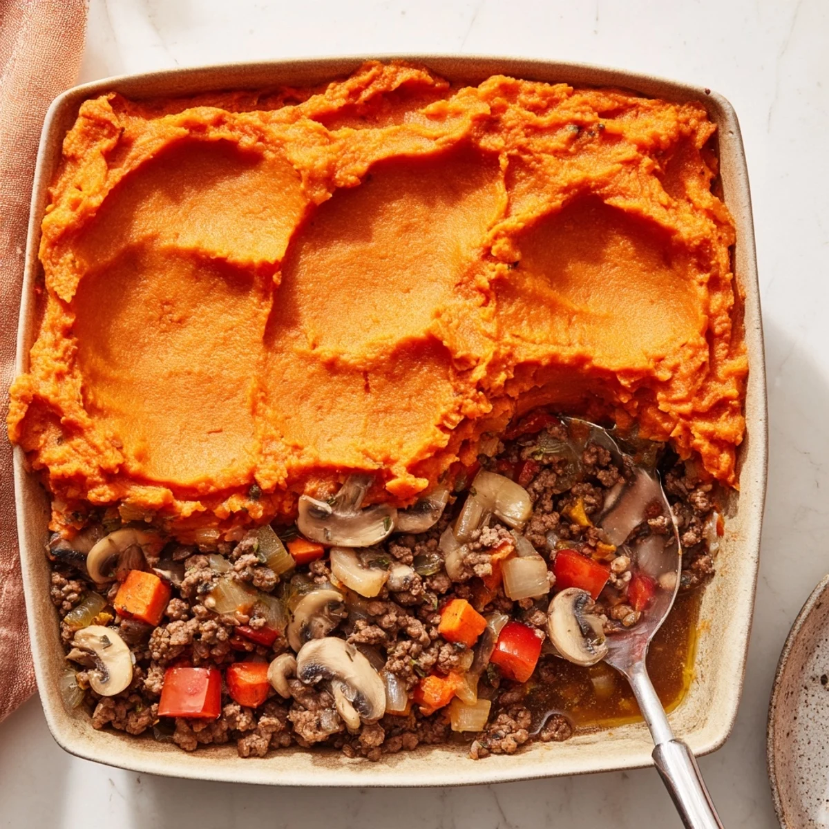 Golden sweet potato mash covers a bubbling beef, tomato, and mushroom cottage pie filling in a ceramic dish.