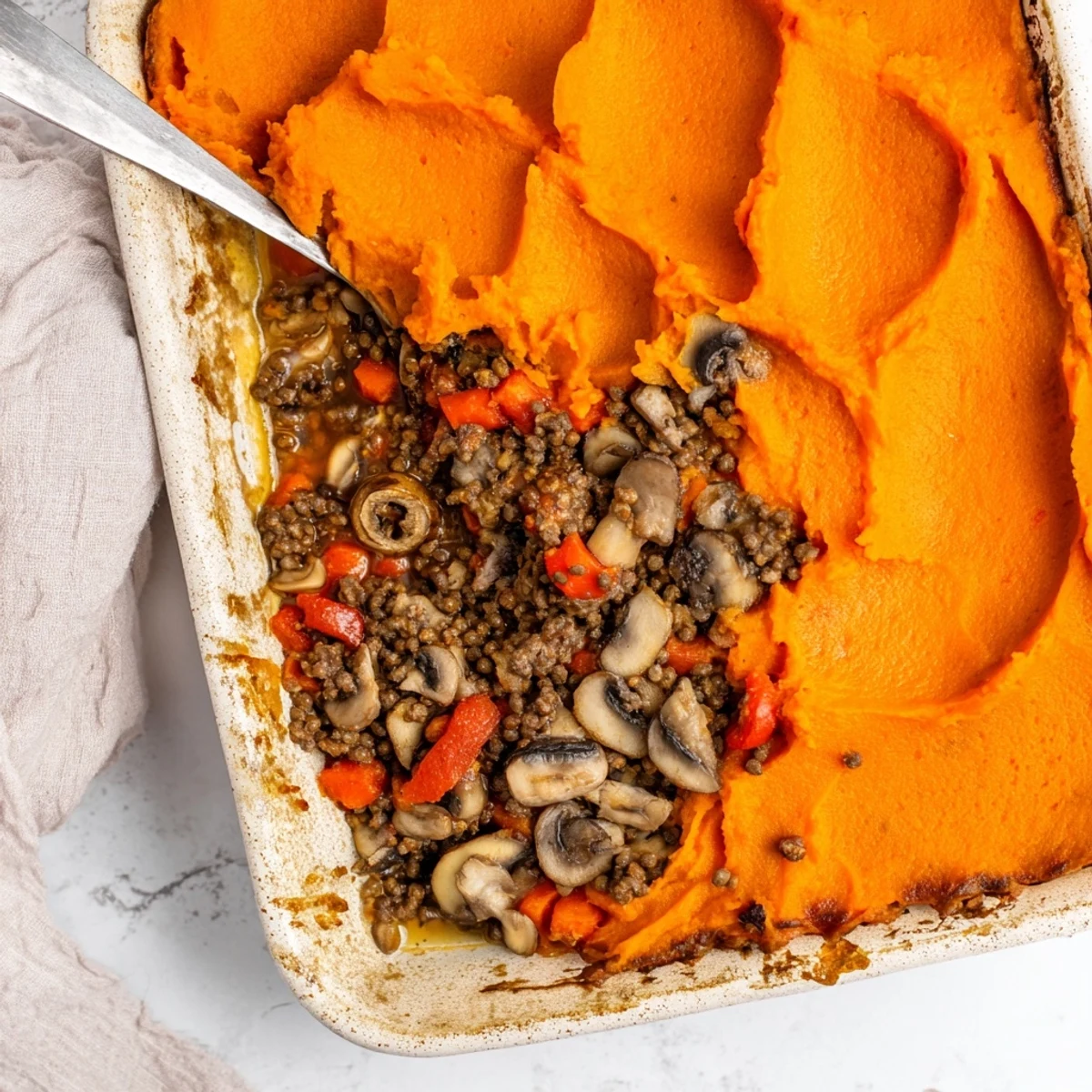 A slice of beef, tomato & mushroom cottage pie reveals layers of savory filling and creamy sweet potato topping.