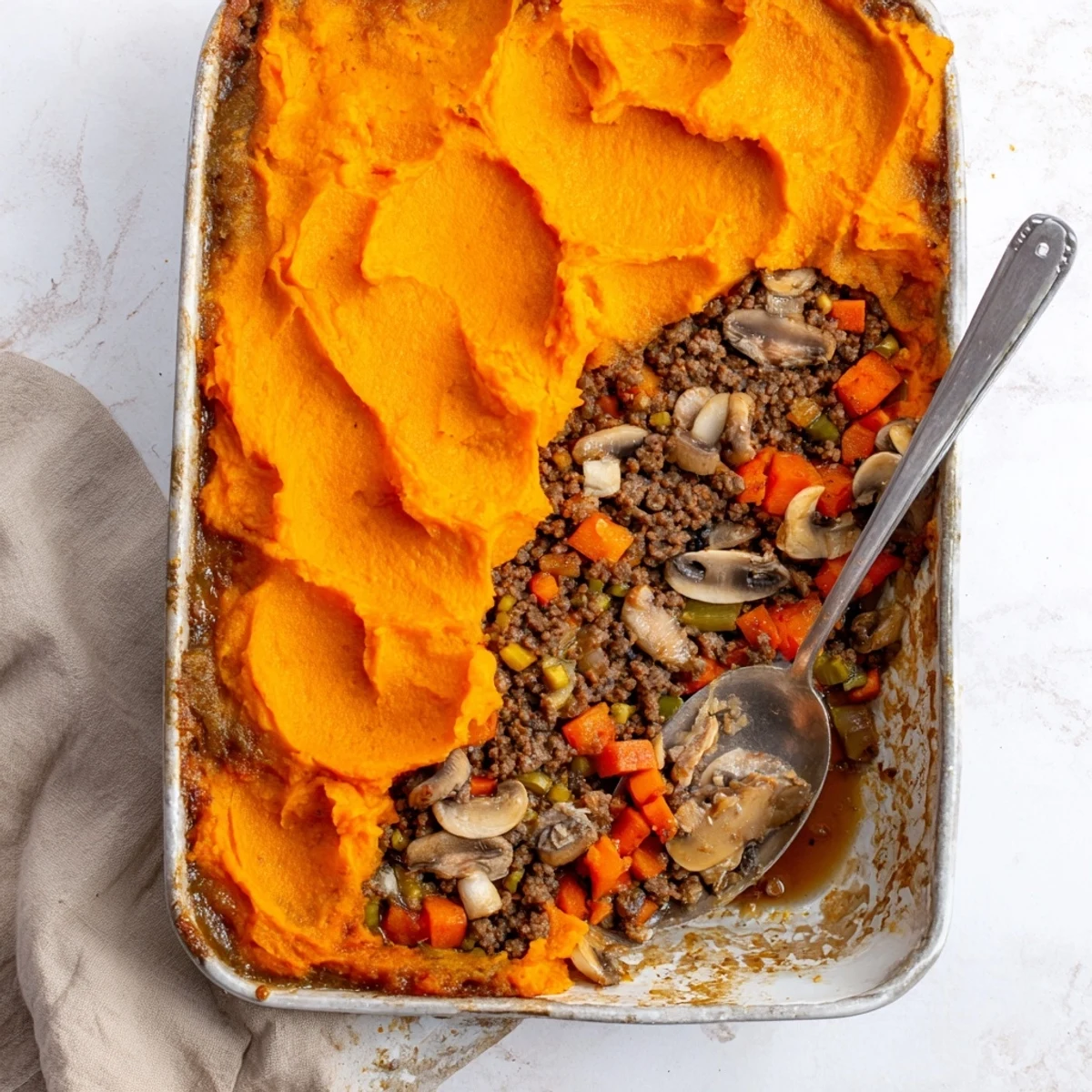Fresh thyme garnishes a rustic cottage pie with beef, tomato, and mushrooms alongside a golden sweet potato crust.