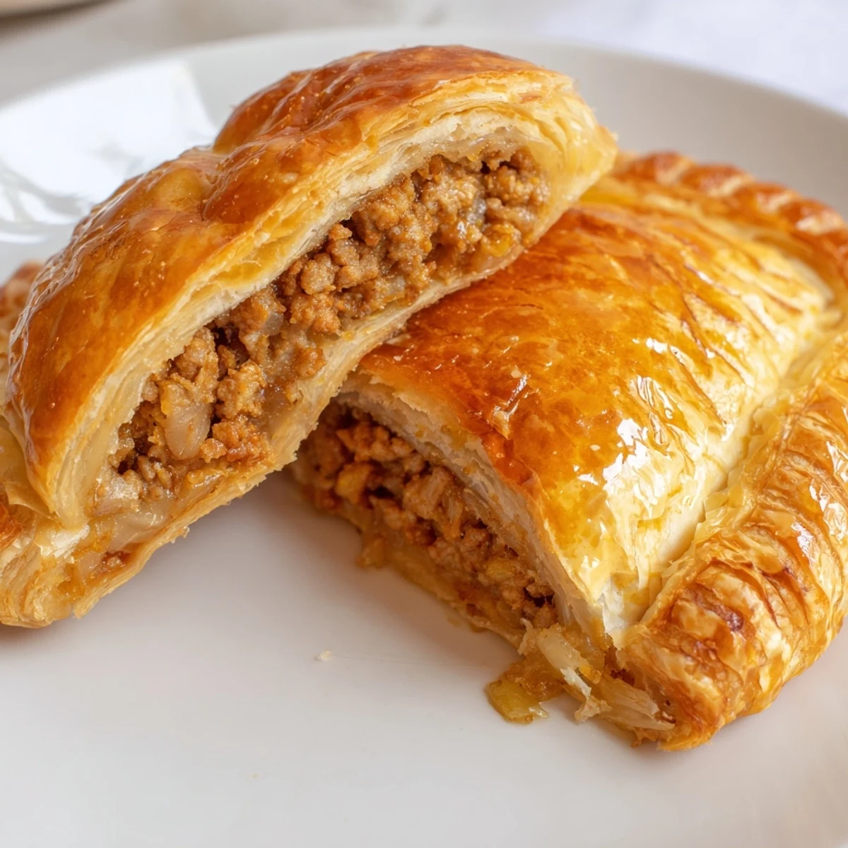 A close-up of golden-baked Pate Chaud pastries, their flaky puff pastry layers glistening, ready to serve with a side of chili sauce.