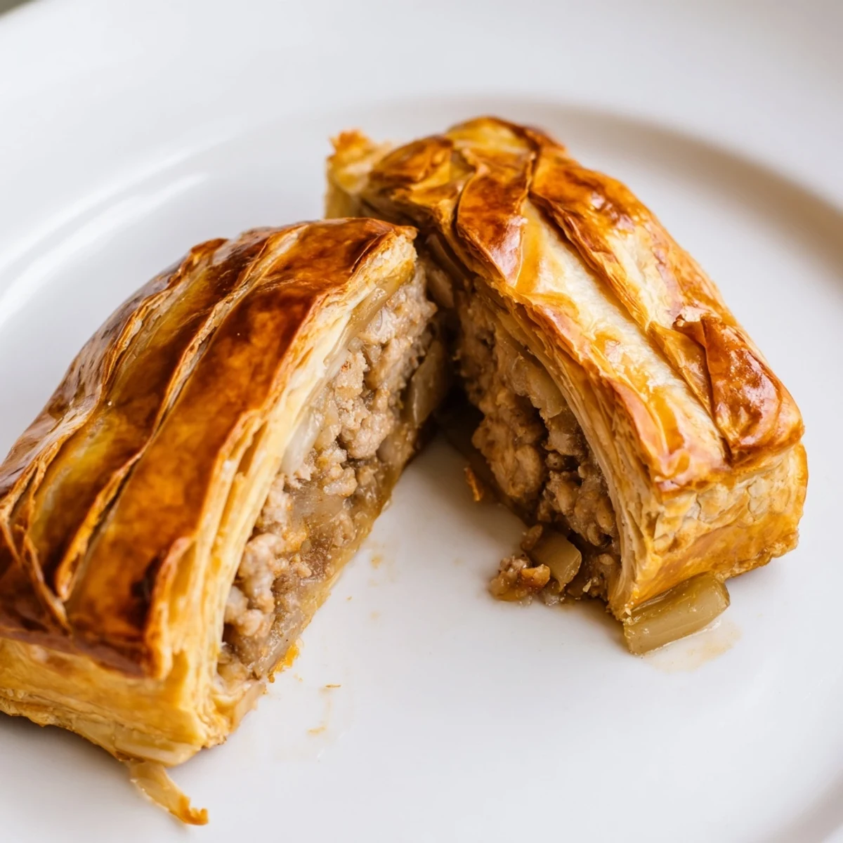 Pate Chaud pastries sit on a rustic wooden board, showcasing the savory pork filling peeking through the golden, buttery crust.