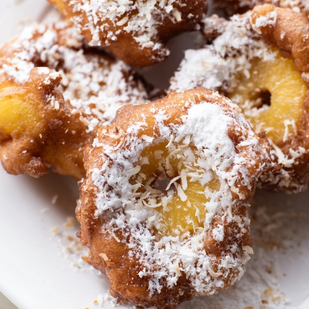 Golden pineapple fritters dusted with powdered sugar and garnished with toasted coconut