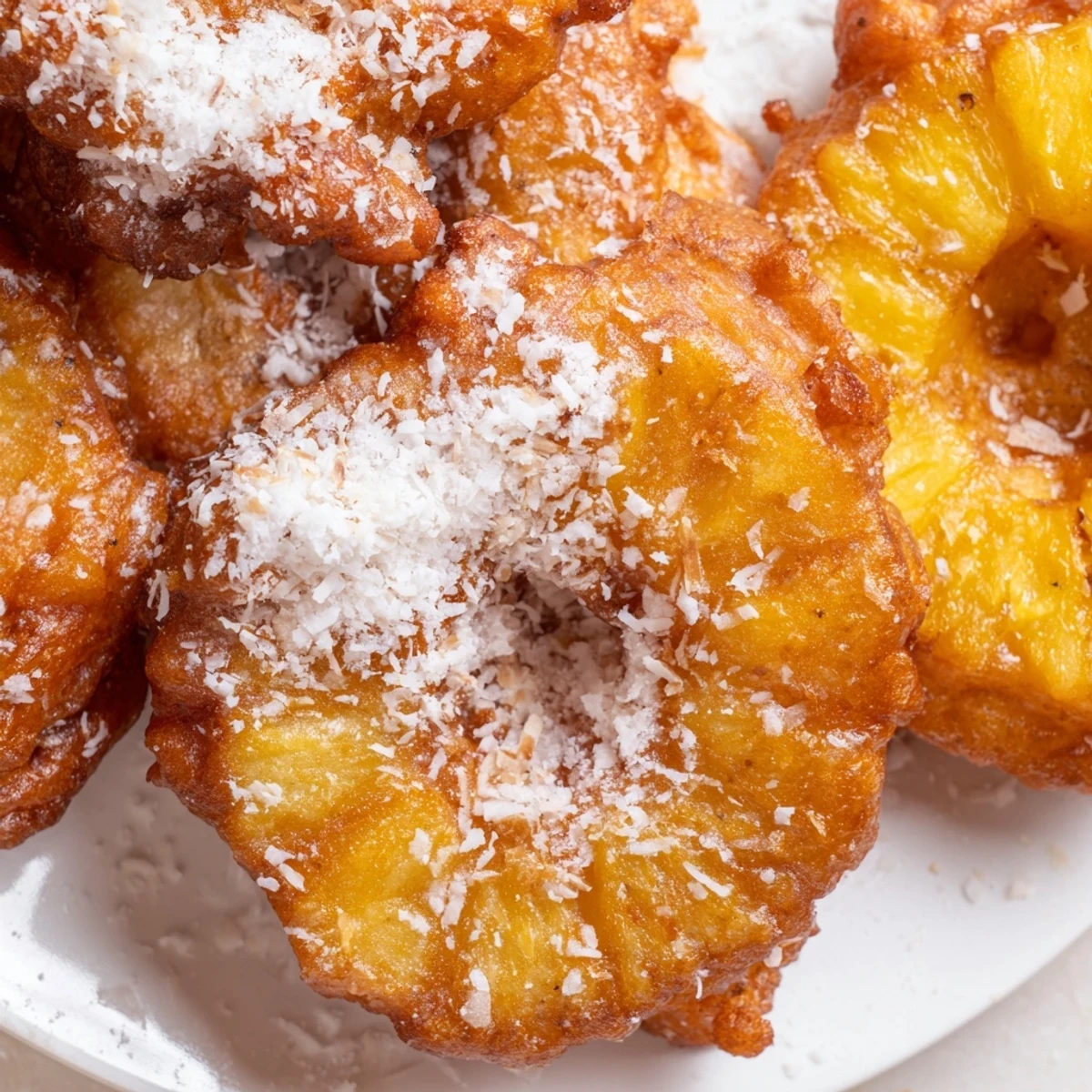 Warm tropical pineapple fritters sprinkled with sugar and served on white plate