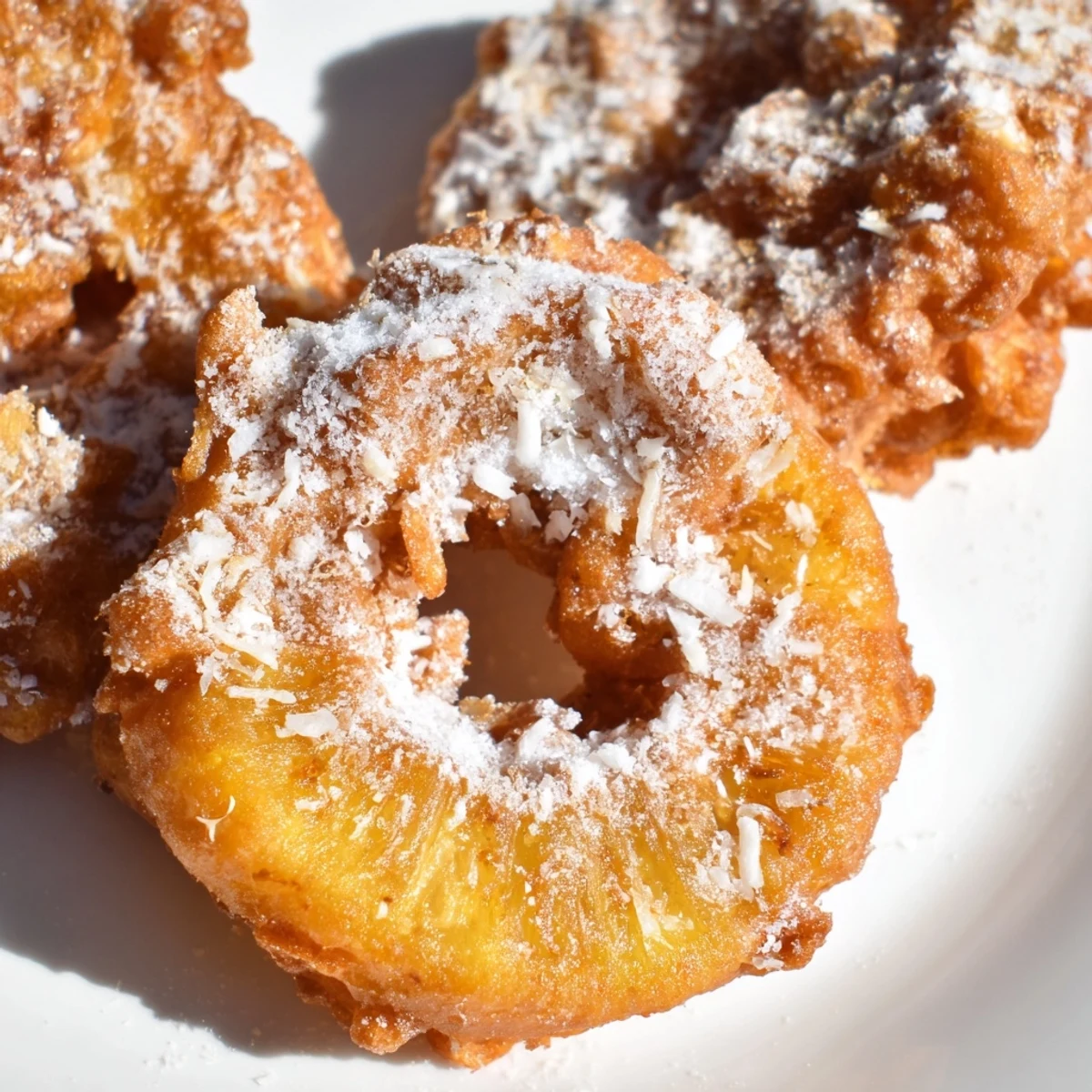 Crispy fried pineapple rings in coconut batter topped with sweet powdered sugar