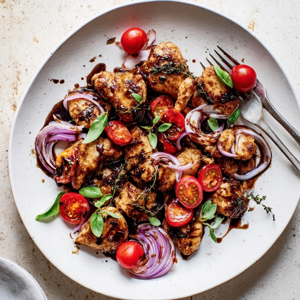 Tender juicy chicken with balsamic sauce simmered alongside garlic and red onions in skillet