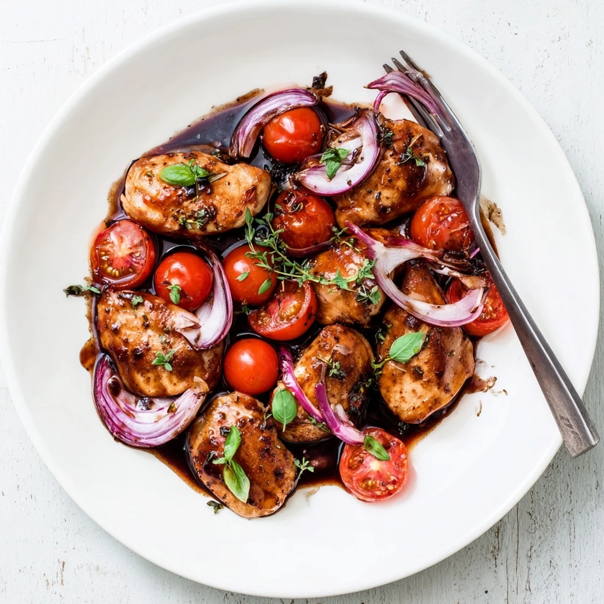 Golden chicken breasts nestled in rich balsamic glaze with cherry tomatoes and fresh basil
