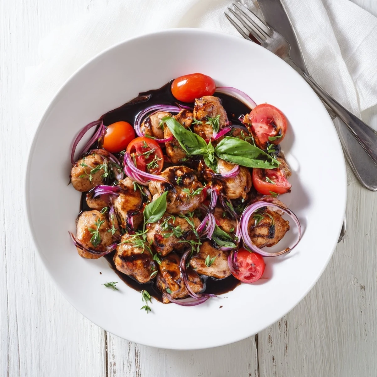 One pan juicy chicken with balsamic sauce plated with roasted vegetables and dark glaze