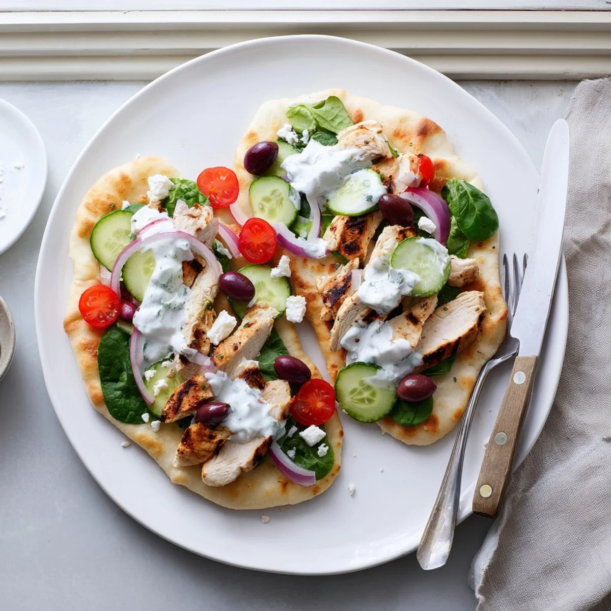 Golden grilled Greek chicken flatbread topped with fresh tomatoes cucumber olives and creamy tzatziki sauce
