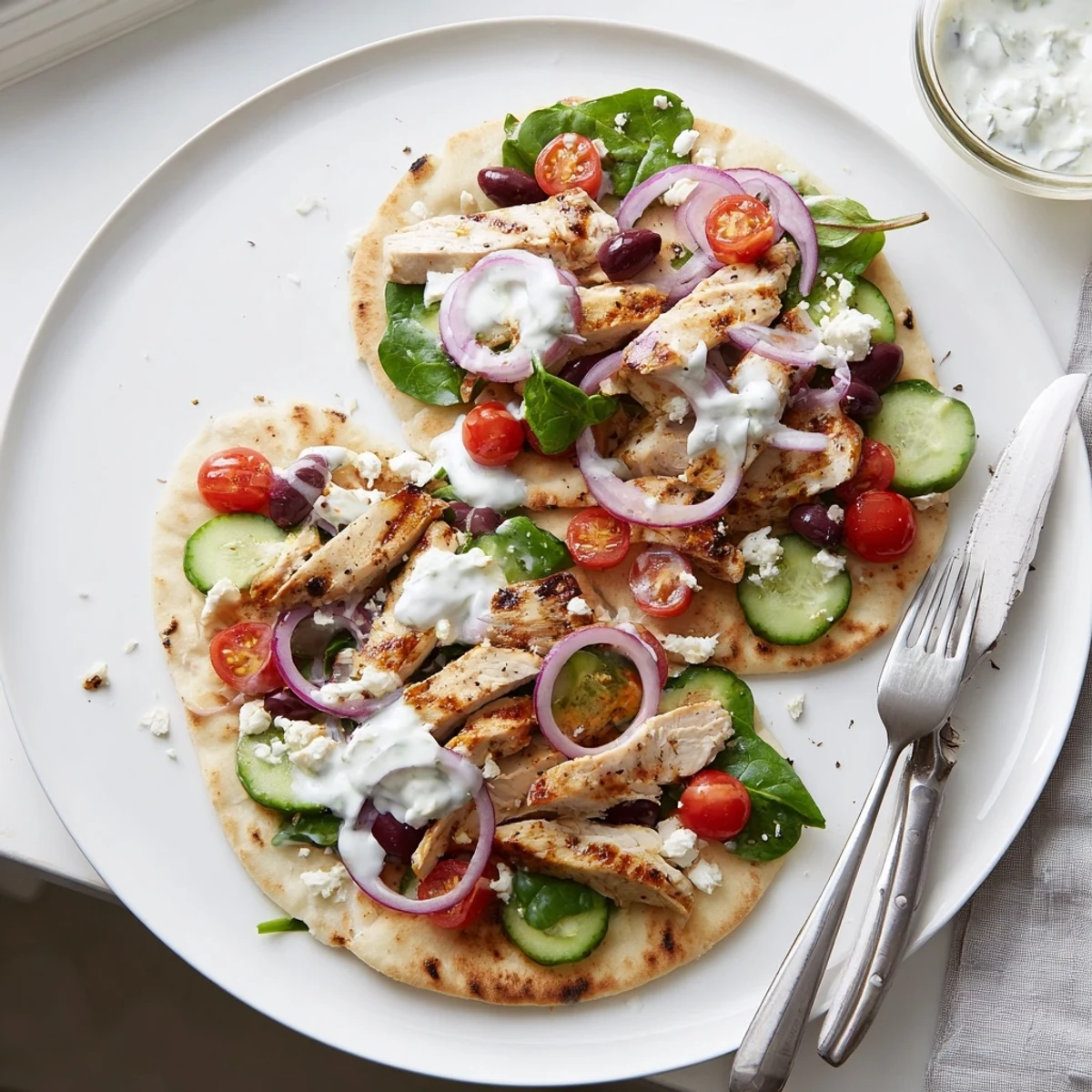 Sliced grilled chicken flatbread drizzled with tangy tzatziki sauce and scattered with red onion spinach