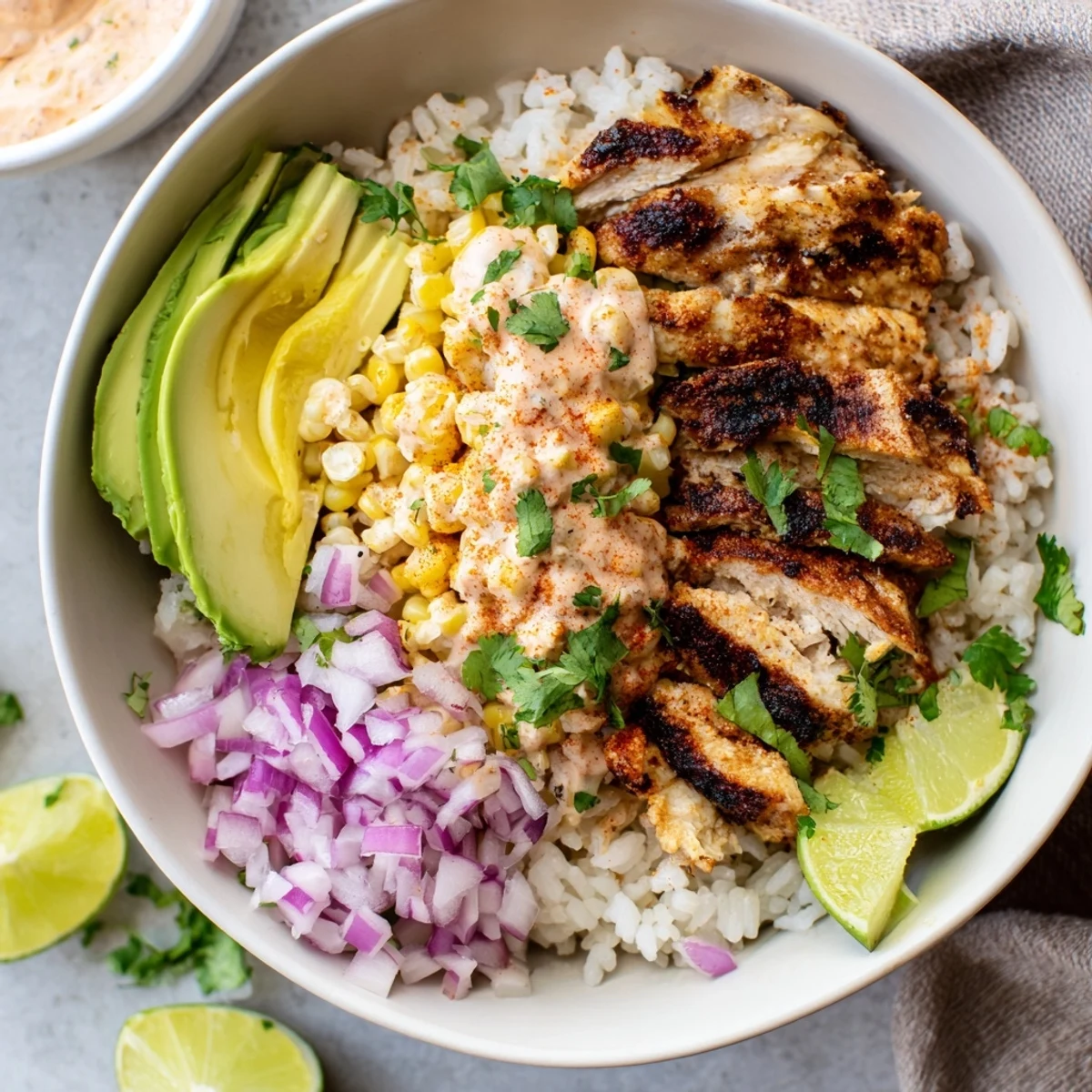 Vibrant Mexican-inspired street corn chicken rice bowl topped with cotija cheese, cilantro, and fresh lime wedges