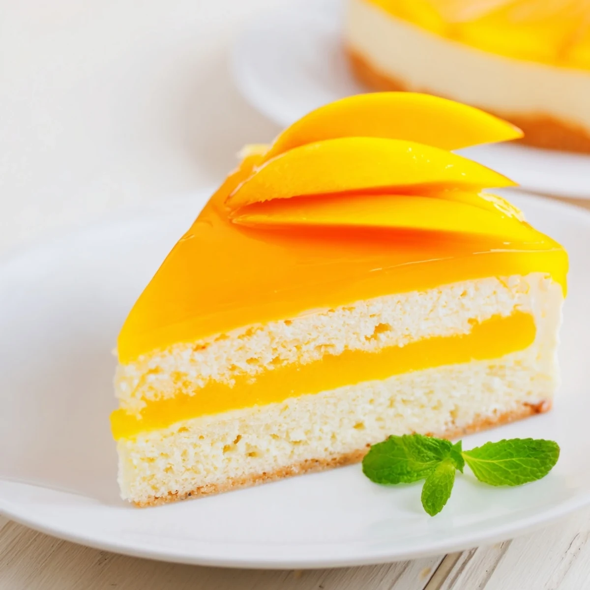 Slice of light mango mousse cake revealing creamy layers and fresh mango garnish