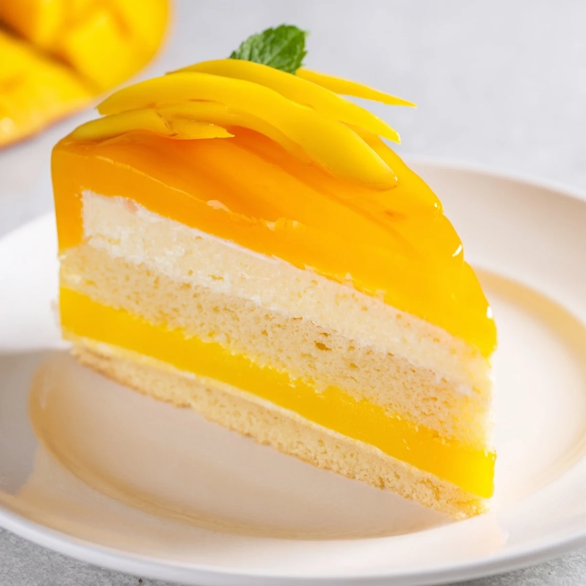 Golden mango mousse cake with glossy glaze topping a fluffy sponge base on white plate
