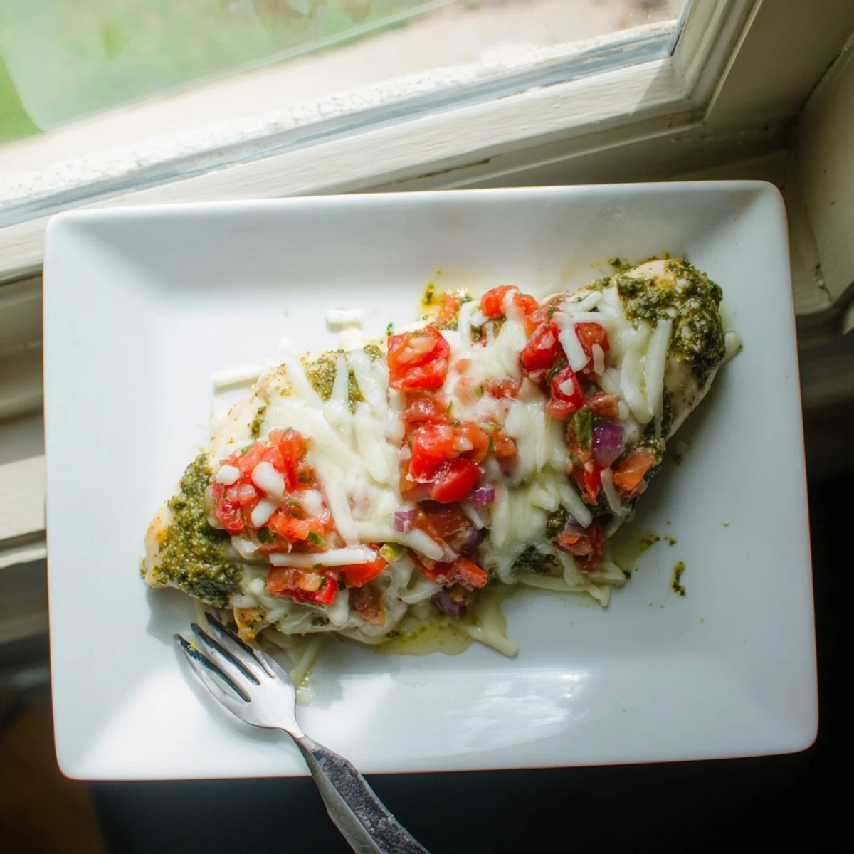 Golden baked pesto bruschetta chicken topped with melted mozzarella and fresh tomato bruschetta garnish