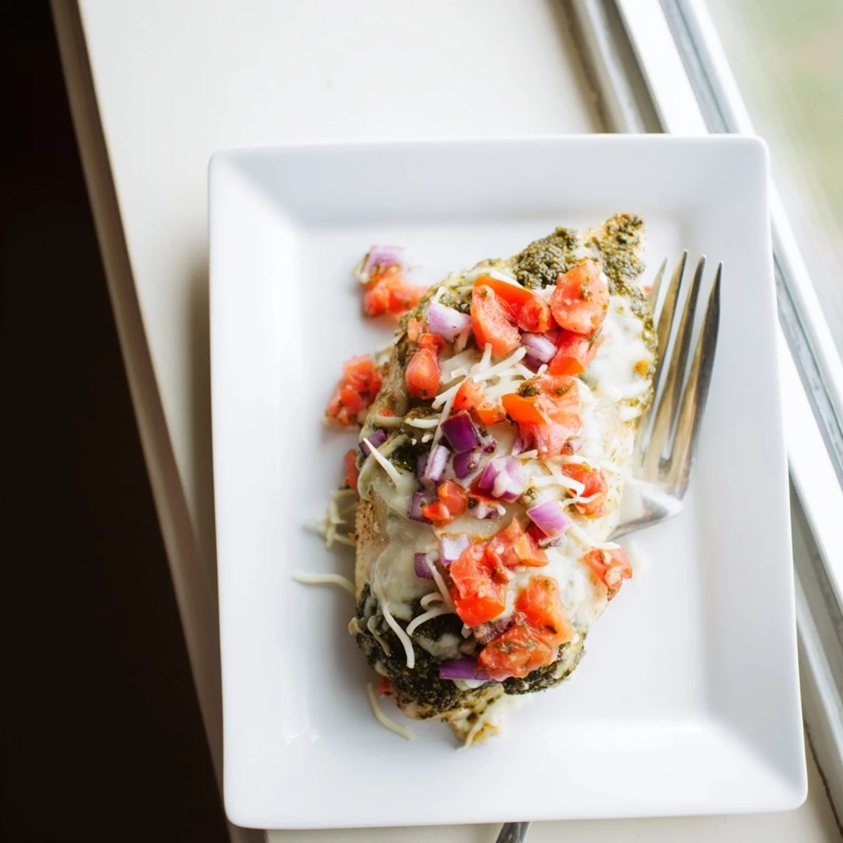 Tender chicken breasts layered with vibrant basil pesto, juicy diced tomatoes, and bubbly shredded cheese