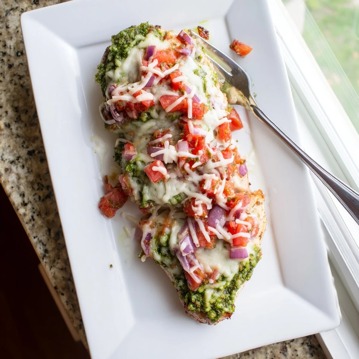 Savory pesto bruschetta chicken with colorful tomato topping and golden melted mozzarella on a baking dish