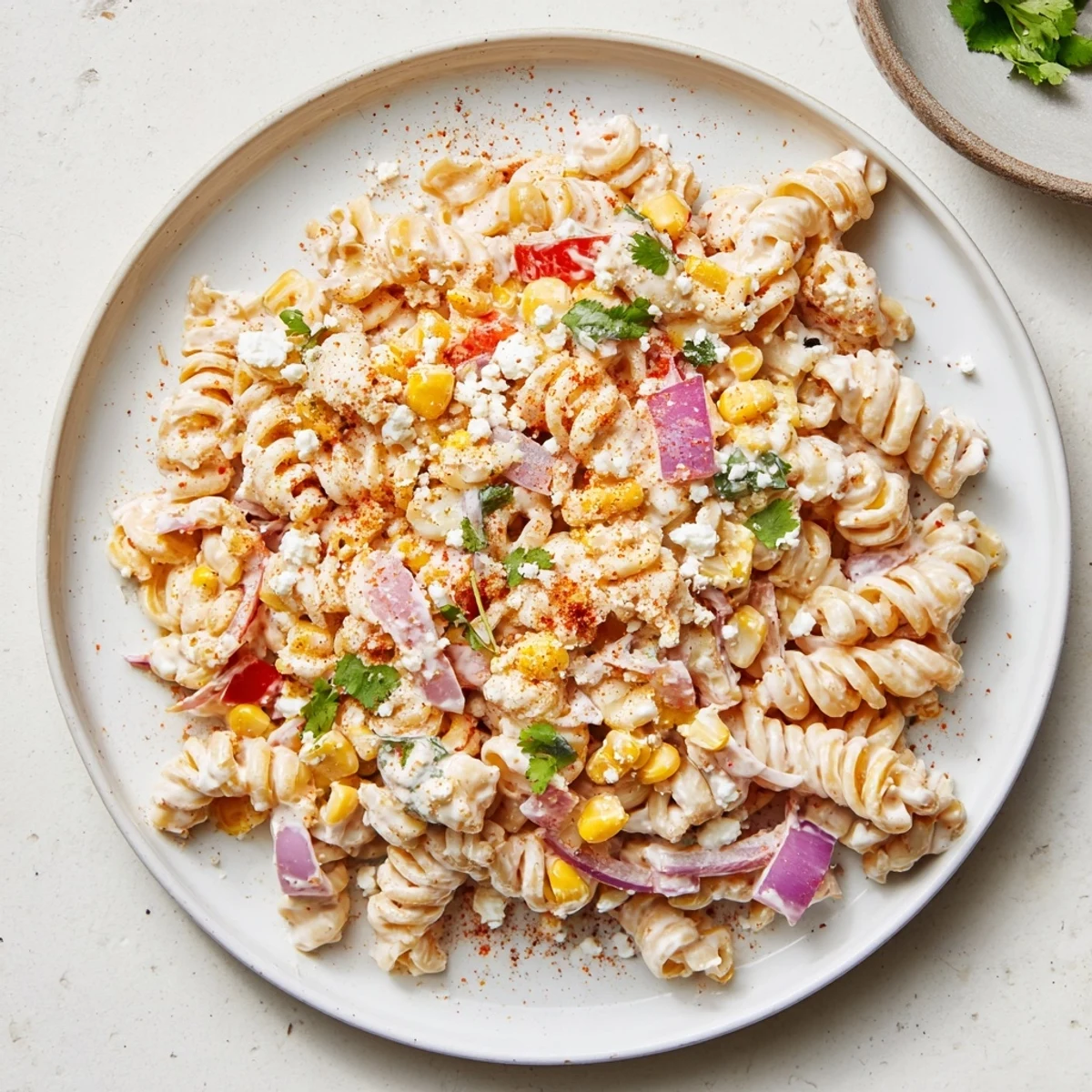 Close-up of juicy street corn pasta salad featuring charred corn kernels, red bell pepper, and spicy cotija cheese topping.