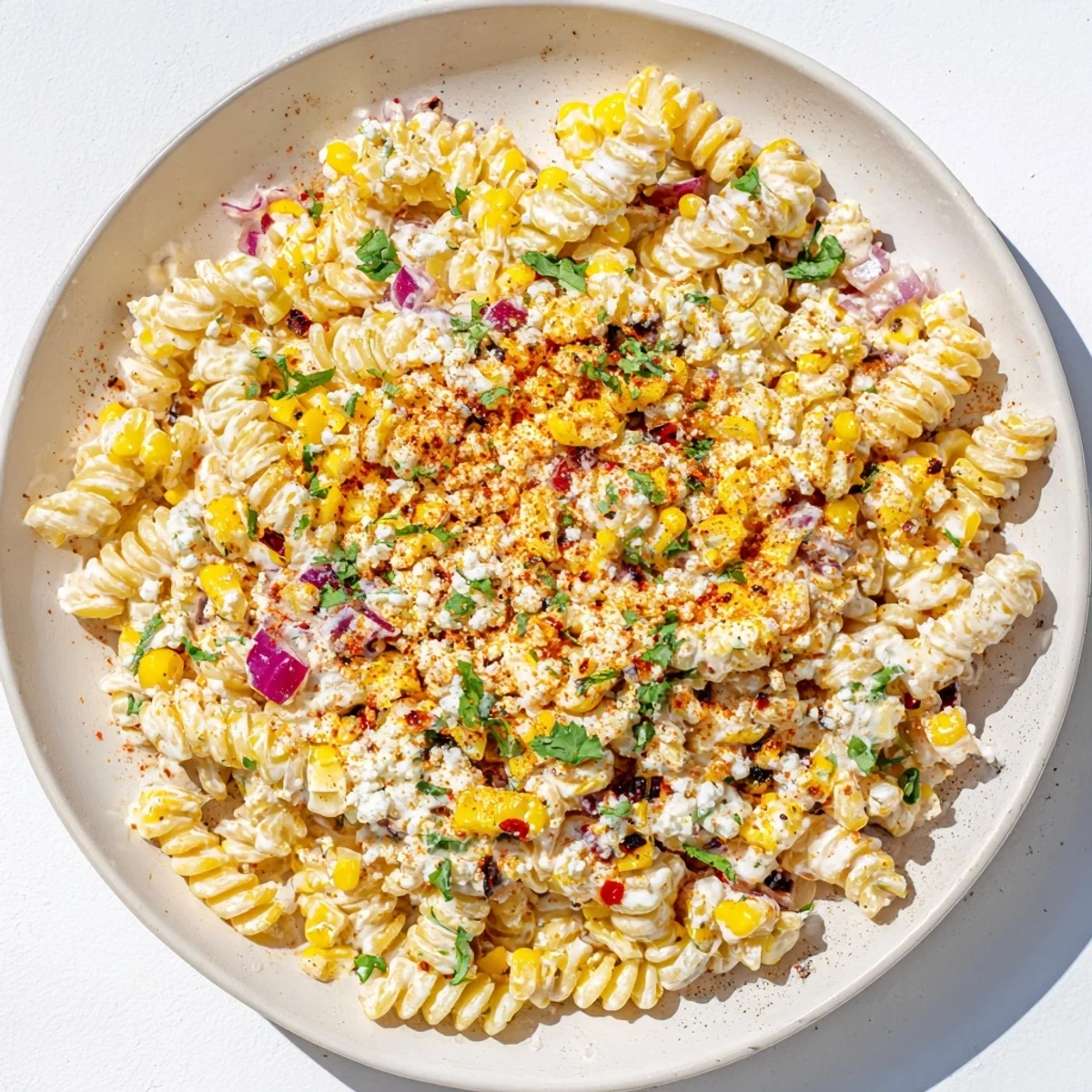 Colorful street corn pasta salad with grilled corn, cotija cheese, and creamy lime dressing in a white serving bowl.