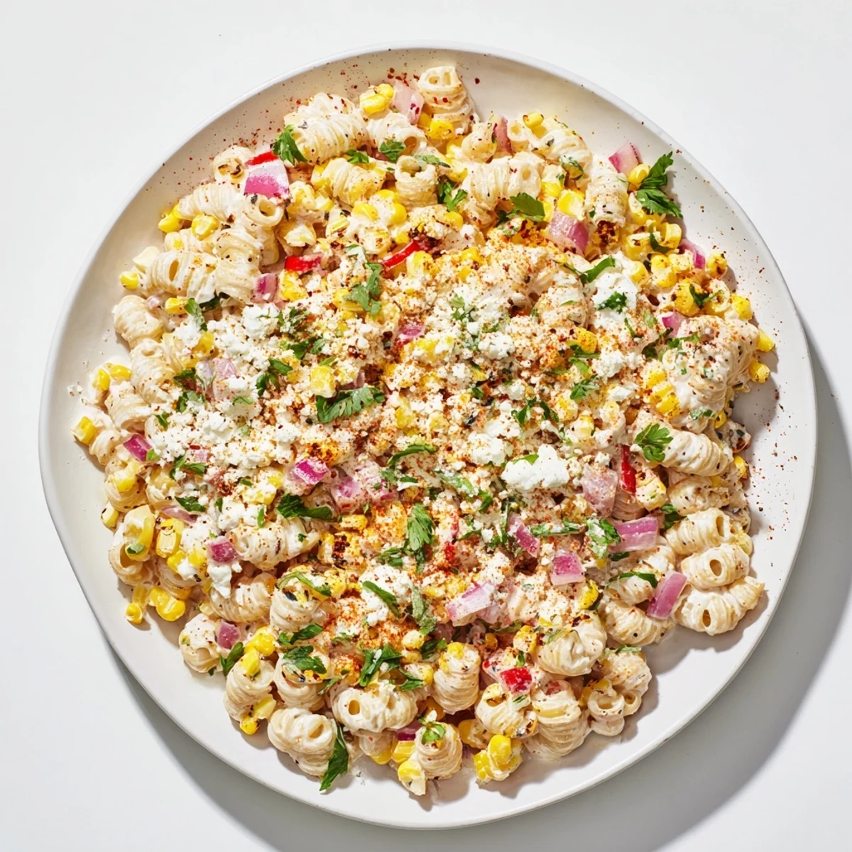 Heaping bowl of street corn pasta salad garnished with fresh cilantro and lime wedges on a rustic wooden table.