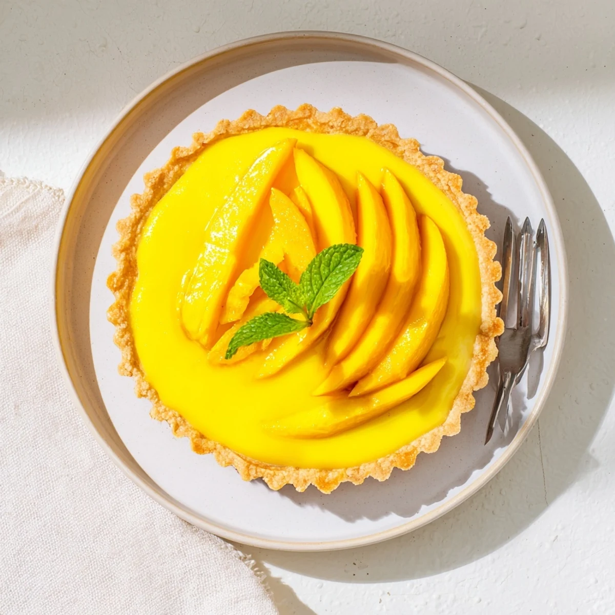 Silky mango curd tart featuring buttery crust topped with vibrant fresh mango wedges