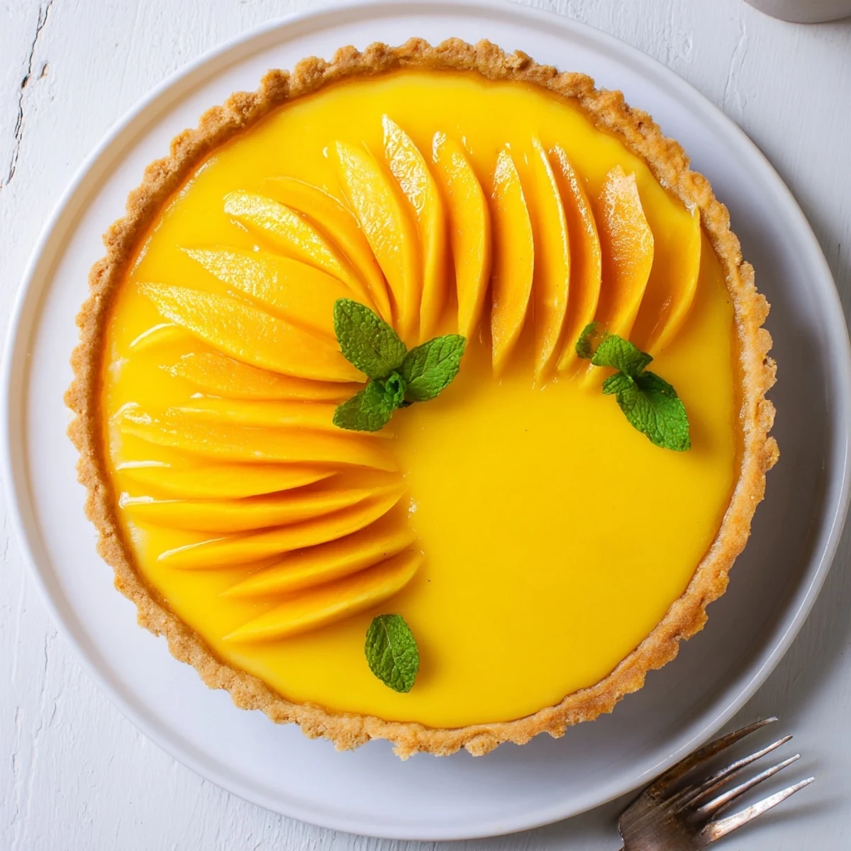 Golden mango curd tart with fresh mango slices and mint garnish on a white plate