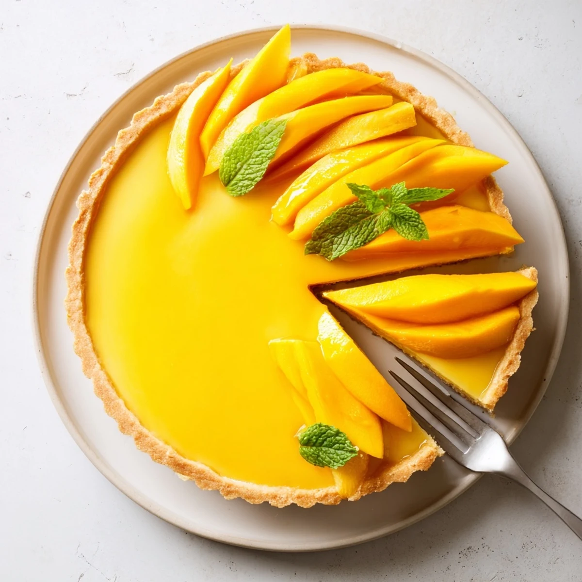 Elegant mango curd tart with smooth yellow filling and crisp golden pastry crust