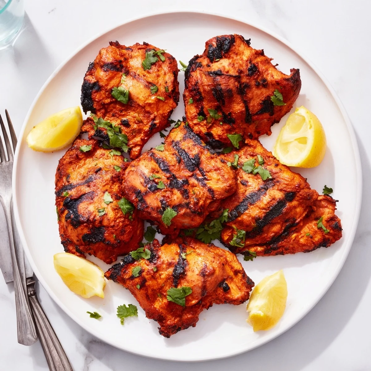 Yogurt marinated tandoori chicken pieces arranged on a serving platter with vibrant green cilantro and citrus