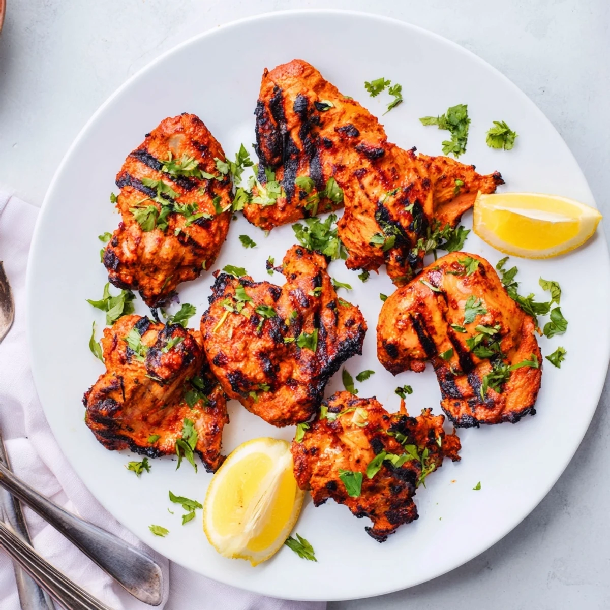 Succulent Indian spiced chicken thighs grilled to perfection with golden brown char marks and lemon wedges