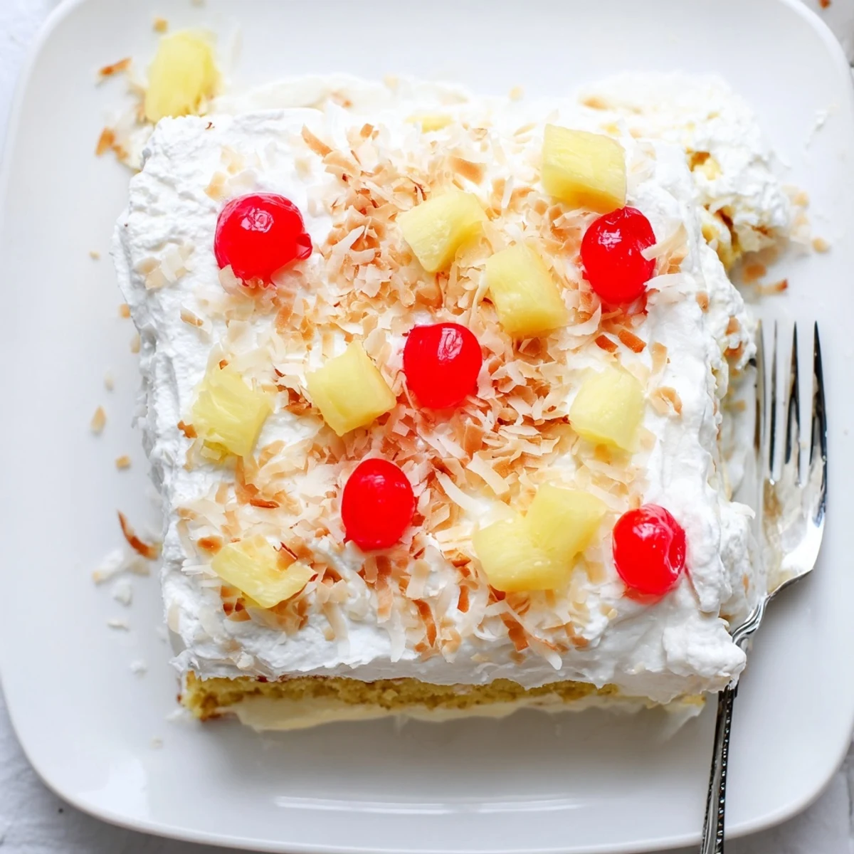 Creamy Hawaiian Poke Cake squares showing coconut milk pudding layers and garnished with fresh pineapple chunks