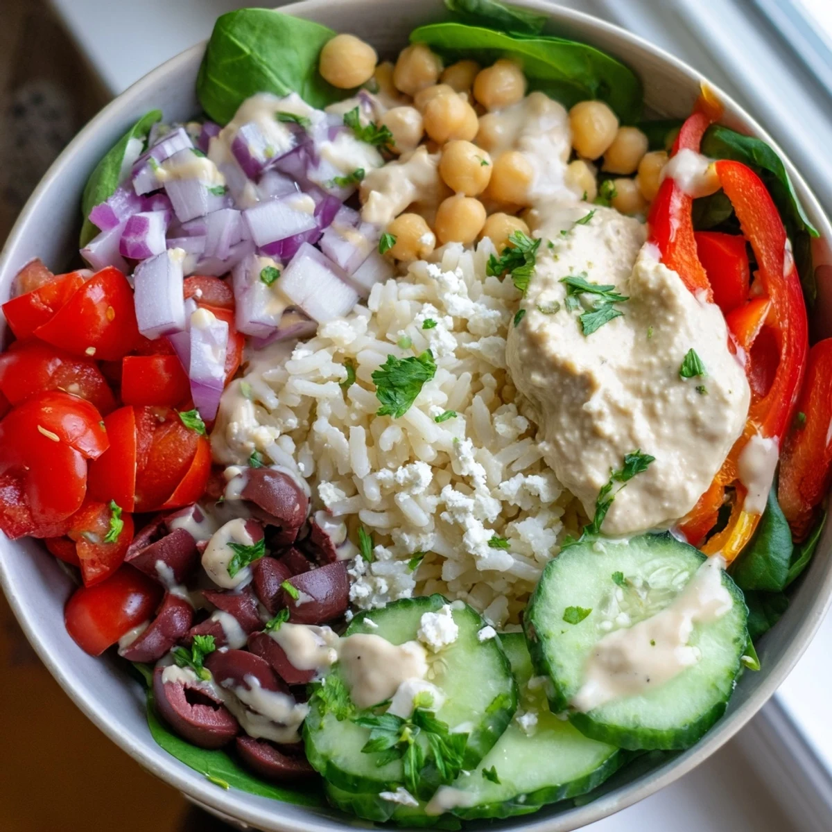 Healthy Mediterranean rice bowl arranged with chickpeas, feta cheese, olives, and fresh vegetables in a vibrant serving bowl