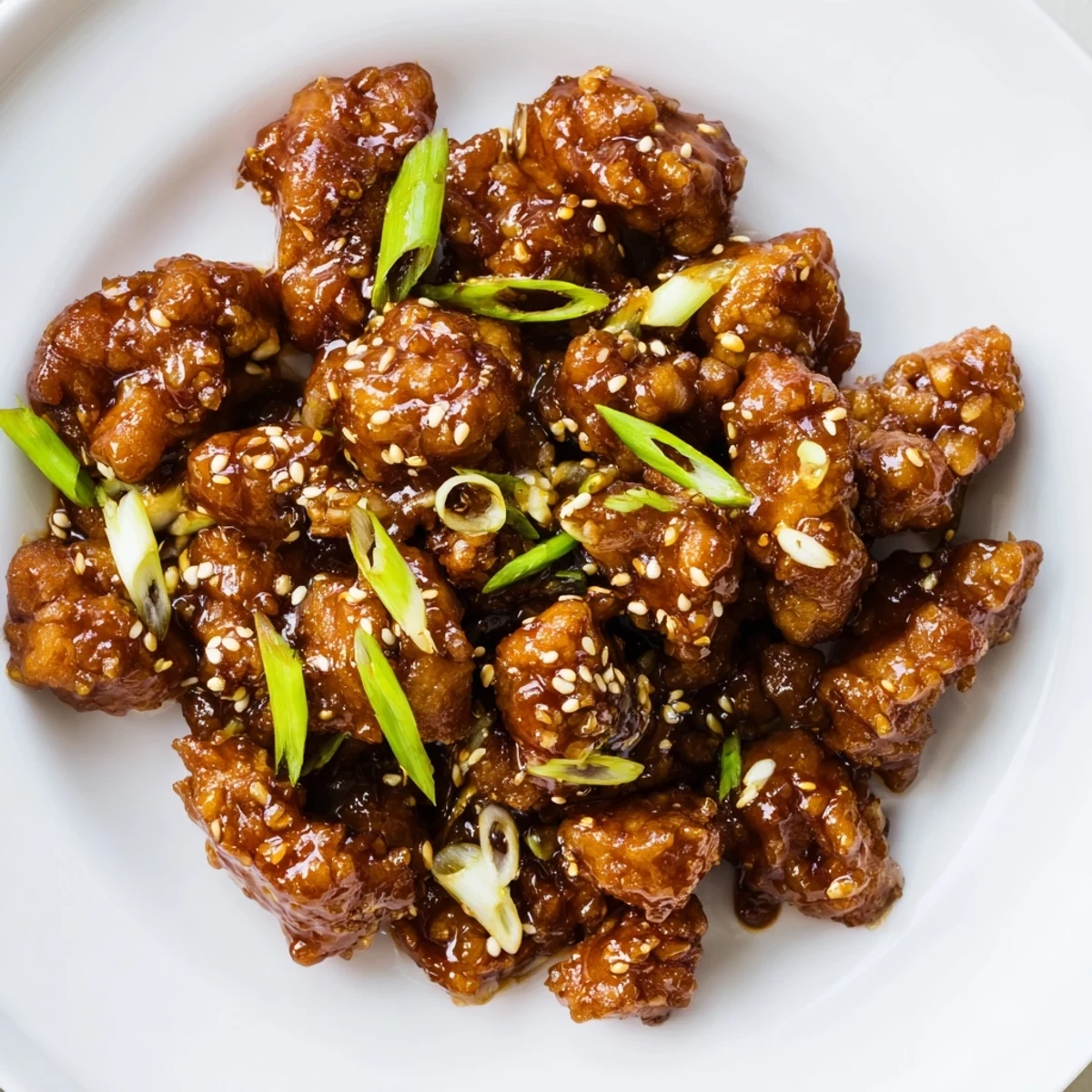Crispy golden brown Mongolian chicken pieces coated in a rich sweet and savory soy ginger glaze