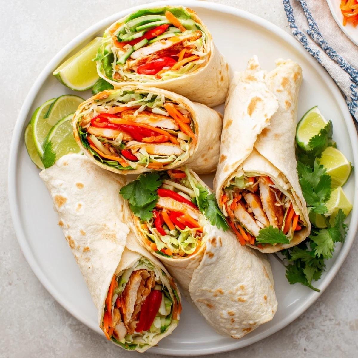 Golden sweet chili chicken wraps loaded with crisp vegetables and fresh herbs in soft tortillas