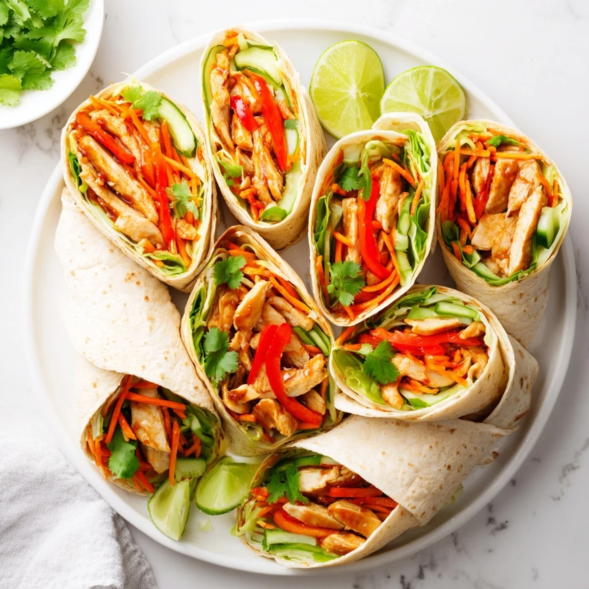 Rolled sweet chili chicken wraps showcasing colorful julienned peppers, carrots, and crunchy lettuce