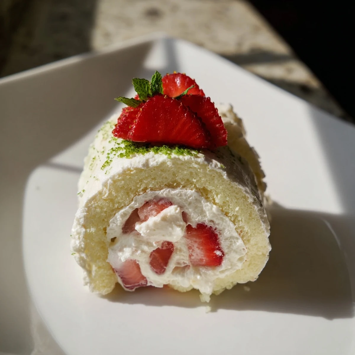 Playful strawberry shortcake sushi rolls featuring fluffy vanilla cake wrapped around fresh diced strawberries and sweet whipped cream filling