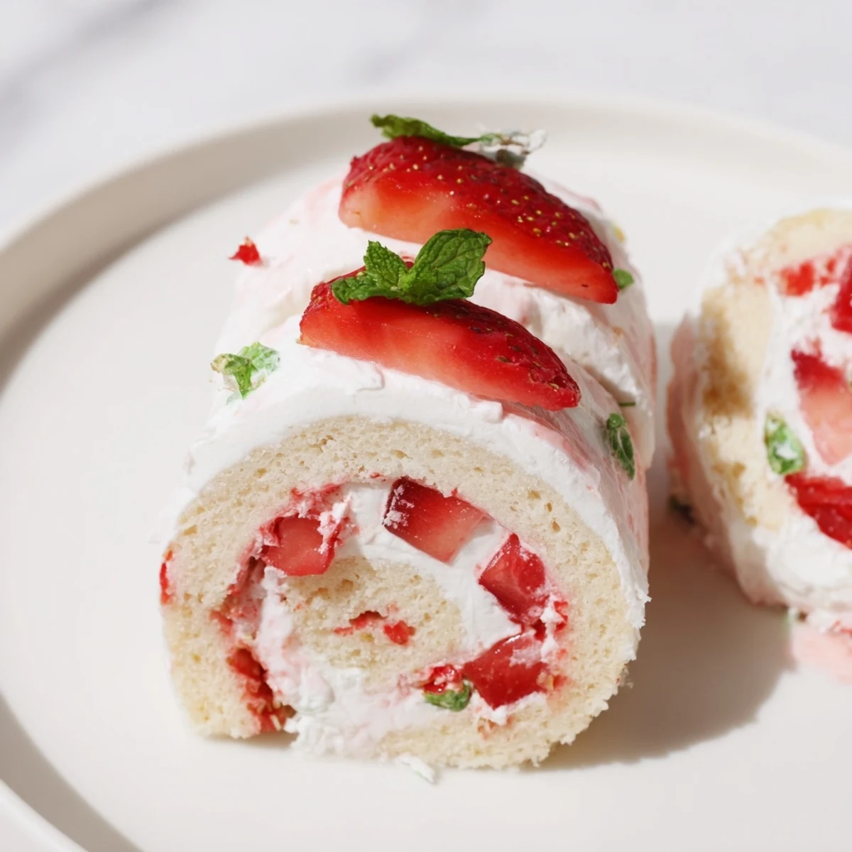 Elegant dessert sushi presentation showcasing swirled vanilla sponge cake layers with creamy whipped cream and vibrant red strawberry pieces
