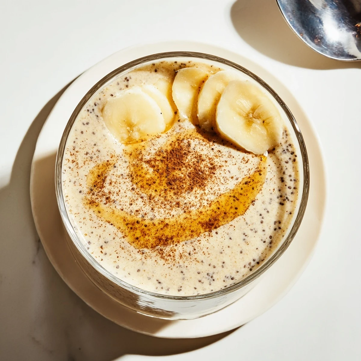 Golden Greek yogurt banana smoothie in a tall glass with cinnamon sprinkled on top