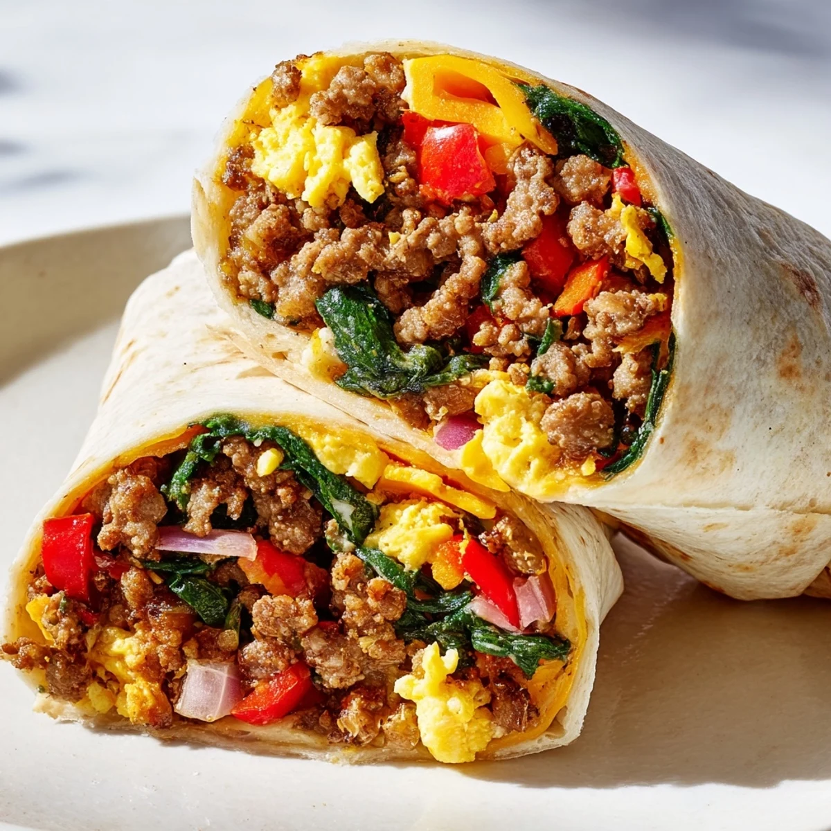 Plate of hearty breakfast burritos filled with savory sausage, peppers, and onions ready for freezing