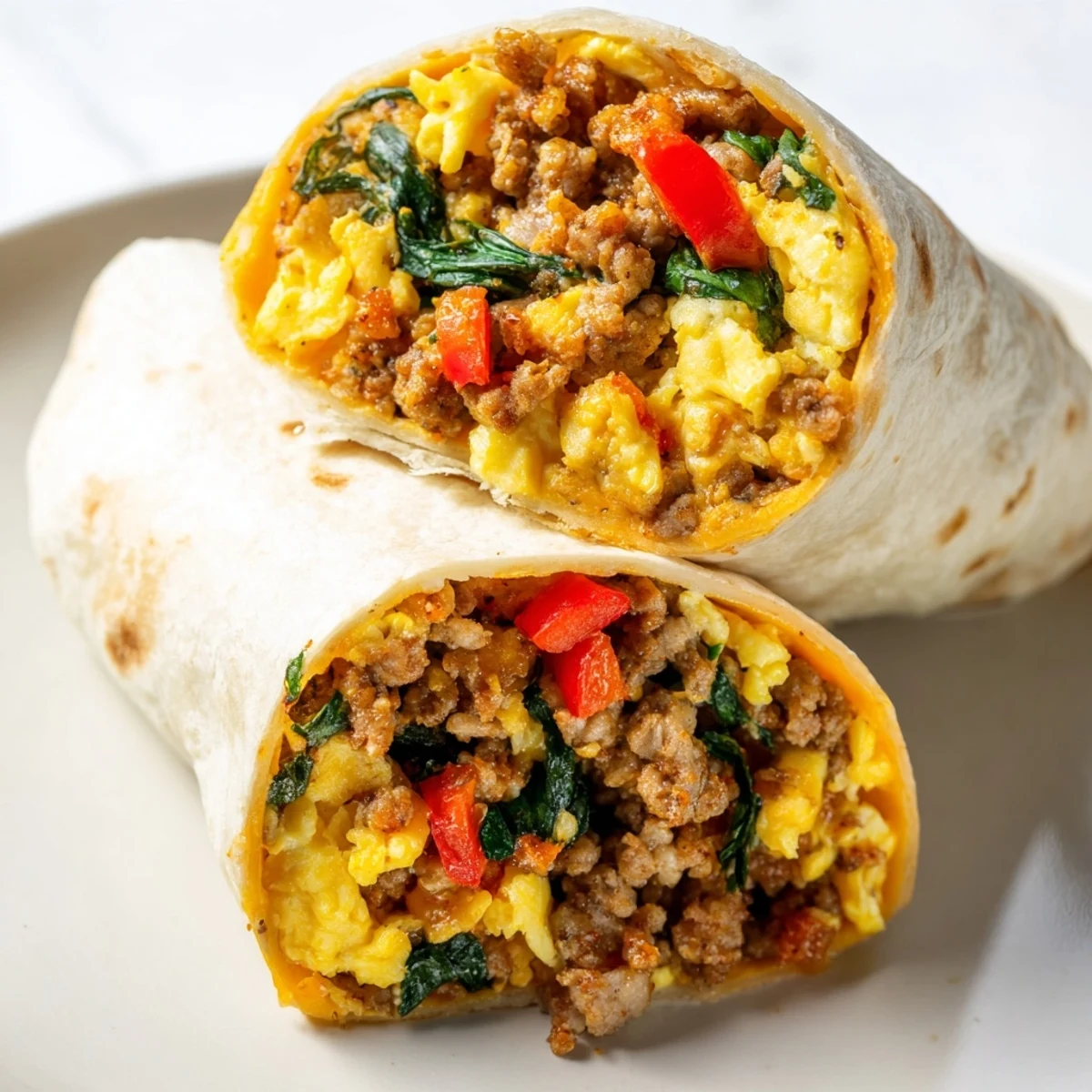 Golden make-ahead breakfast burritos wrapped in foil with melted cheddar cheese and fluffy scrambled eggs