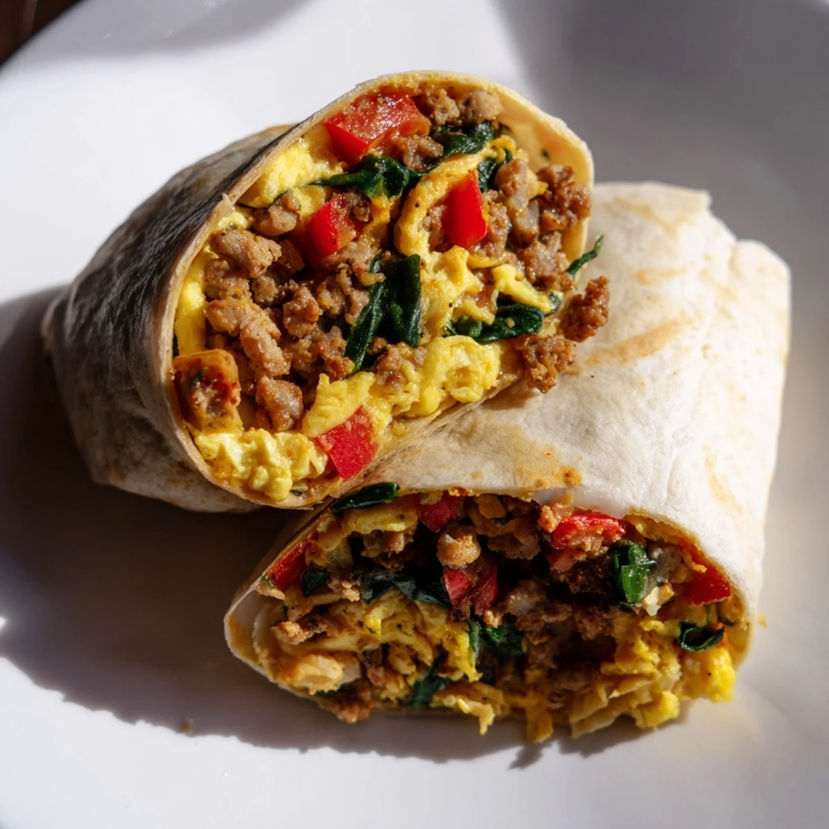 Warm flour tortillas stuffed with cheesy egg and vegetable mixture, rolled into portable grab-and-go breakfast burritos